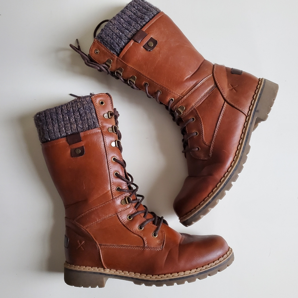 Denver Hayes Tan Brown Lace-Up Knit Cuff Winter Boots